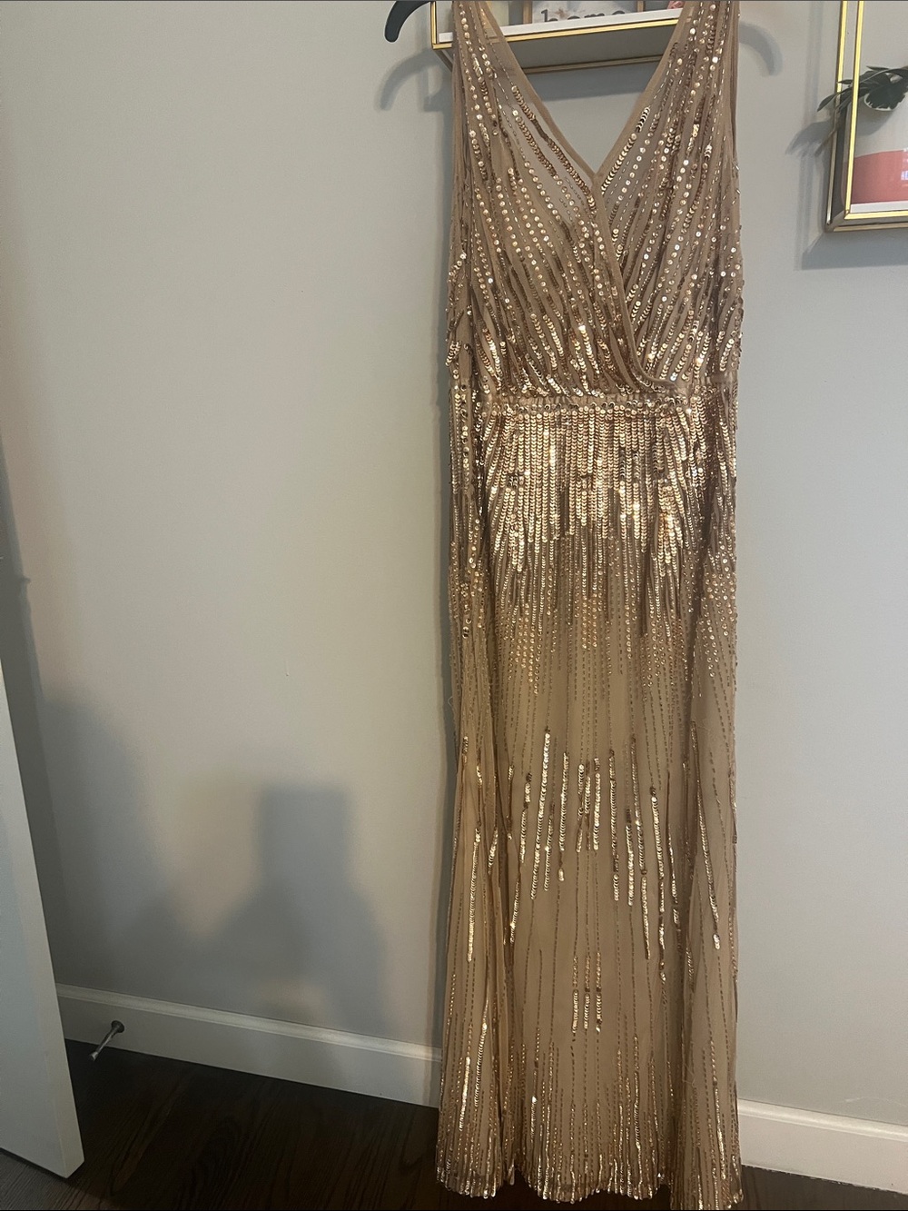 Adrianna Papell Gold Sequin Surplice Maxi Dress